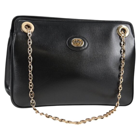 GUCCI Chain Marina Shoulder Bag Leather Black Gold 576422 Auth 133932V - Picture 1 of 16